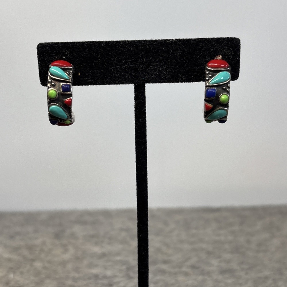 Vintage ALF 925 Thai Sterling Silver Multicolor Inlay Hoop Earrings Southwestern